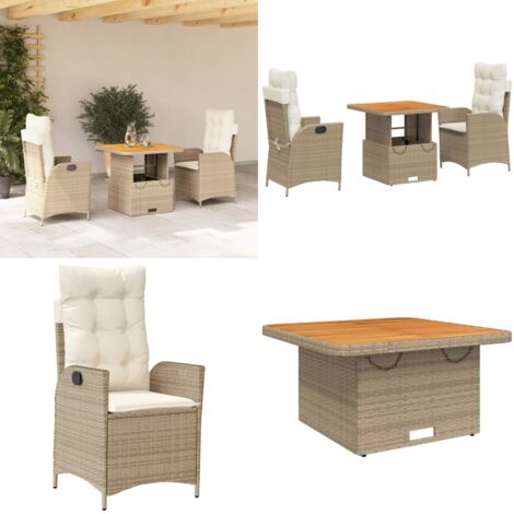 Set da Pranzo da Giardino 3 pz con Cuscini Beige in Polyrattan - Sedie da giardino reclinabili - Tavolino da giardino con piano sollevabile