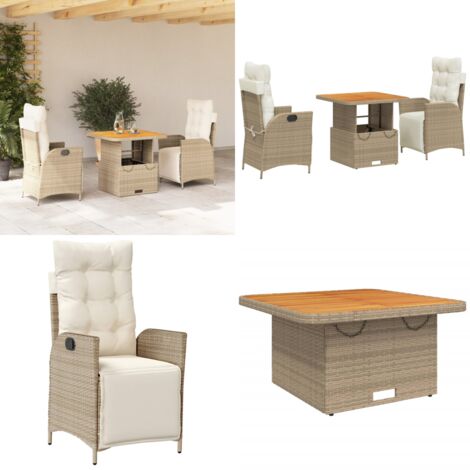 Set da Pranzo da Giardino 3 pz con Cuscini Beige in Polyrattan - Sedie da giardino reclinabili - Tavolino da giardino con piano sollevabile