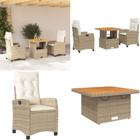 Set da Pranzo da Giardino 3 pz con Cuscini Beige in Polyrattan - Sedie da giardino reclinabili - Tavolino da giardino con piano sollevabile