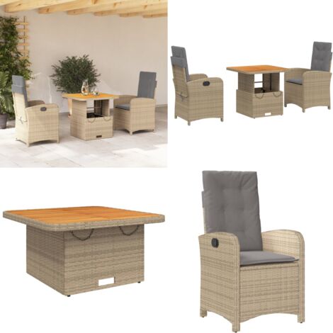 Set da Pranzo da Giardino 3 pz con Cuscini Beige in Polyrattan - Sedie da giardino reclinabili - Tavolino da giardino con piano sollevabile