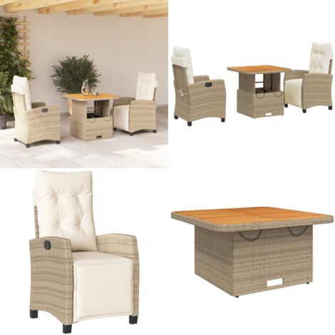 Set da Pranzo da Giardino 3 pz con Cuscini Beige in Polyrattan - Sedie da giardino reclinabili - Tavolino da giardino sollevabile