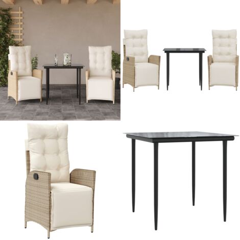 Set da Pranzo da Giardino 3 pz con Cuscini Beige in Polyrattan - Sedie da giardino reclinabili - Tavolo da giardino