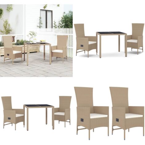 Set da Pranzo da Giardino 3 pz con Cuscini Beige in Polyrattan - Sedie da giardino reclinabili - Tavolo da giardino