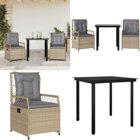 Set da Pranzo da Giardino 3 pz con Cuscini Beige in Polyrattan - Sedie da giardino reclinabili - Tavolo da giardino