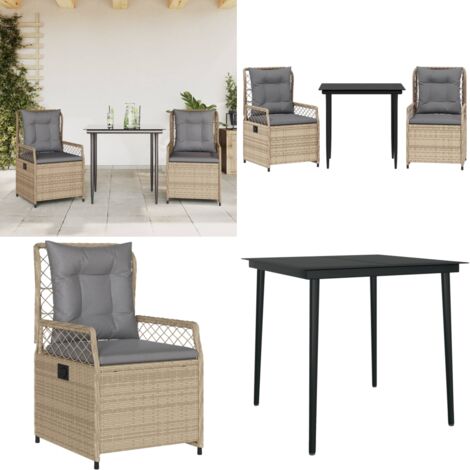 Set da Pranzo da Giardino 3 pz con Cuscini Beige in Polyrattan - Sedie da giardino reclinabili - Tavolo da giardino