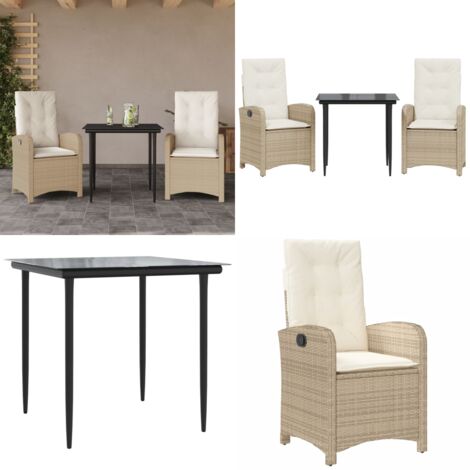 Set da Pranzo da Giardino 3 pz con Cuscini Beige in Polyrattan - Sedie da giardino - Tavolo da giardino