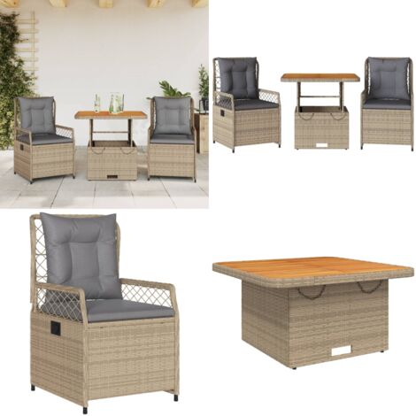 Set da Pranzo da Giardino 3 pz con Cuscini Beige in Polyrattan - Sedie da giardino - Tavolo da giardino