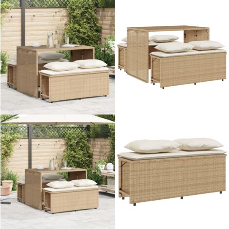 Set da Pranzo da Giardino 3 pz con Cuscini Beige in Polyrattan - Tavolo da giardino - Panca da giardino