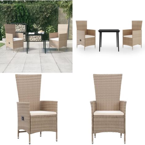 Set da Pranzo da Giardino 3 pz con Cuscini Beige - Tavolo da giardino - Sedie da giardino