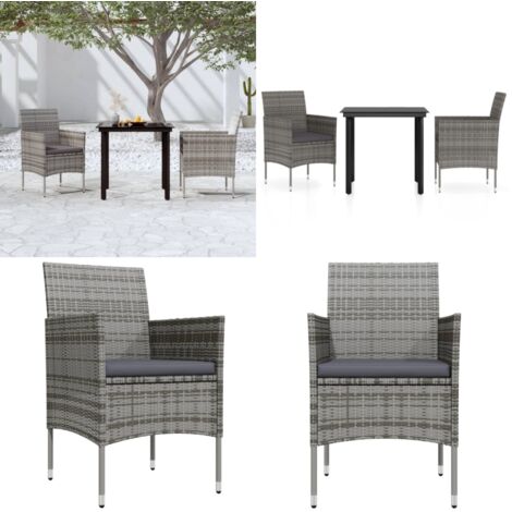 Set da Pranzo da Giardino 3 pz con Cuscini Grigio e Nero - Tavolo da giardino - Sedie da giardino