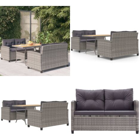 Set da Pranzo da Giardino 3 pz con Cuscini Grigio in Polyrattan - Tavolo da pranzo esterno - Divano da giardino