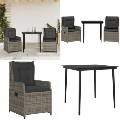 Set da Pranzo da Giardino 3 pz con Cuscini in Polyrattan Grigio - Sedie da giardino reclinabili - Tavolo da giardino