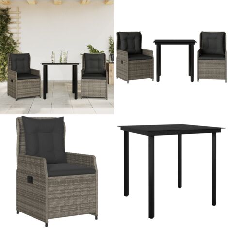 Set da Pranzo da Giardino 3 pz con Cuscini in Polyrattan Grigio - Sedie da giardino reclinabili - Tavolo da giardino