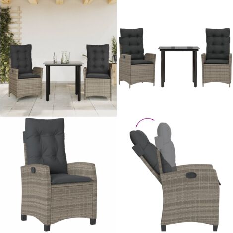 Set da Pranzo da Giardino 3 pz con Cuscini in Polyrattan Grigio - Sedie da giardino reclinabili - Tavolo da giardino