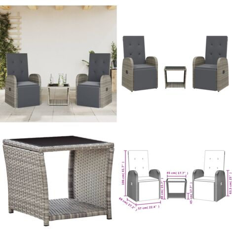 Set da Pranzo da Giardino 3 pz con Cuscini in Polyrattan Grigio - Sedie da giardino - Tavolo da giardino