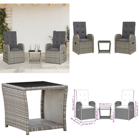 Set da Pranzo da Giardino 3 pz con Cuscini in Polyrattan Grigio - Sedie da giardino - Tavolo da giardino