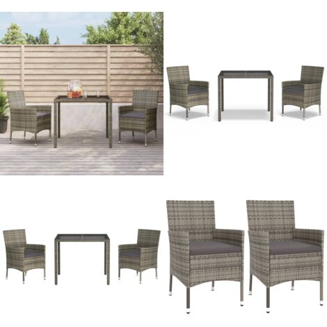 Set da Pranzo da Giardino 3 pz con Cuscini in Polyrattan Grigio - Sedie da pranzo da giardino - Tavolo da pranzo da giardino