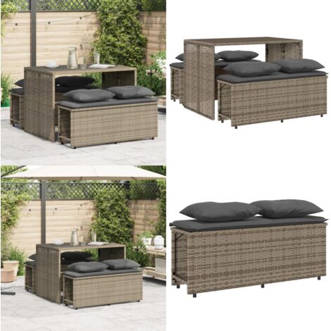 Set da Pranzo da Giardino 3 pz con Cuscini in Polyrattan Grigio - Tavolo da giardino - Panca da giardino