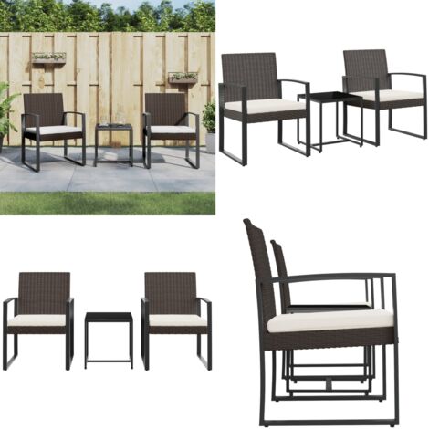 Set da Pranzo da Giardino 3 pz con Cuscini in PP Rattan Marrone - Sedie da pranzo - Tavolo da pranzo