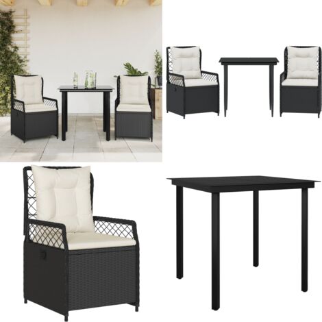 Set da Pranzo da Giardino 3 pz con Cuscini Nero in Polyrattan - Sedie da giardino reclinabili - Tavolo da giardino