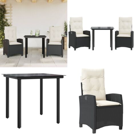 Set da Pranzo da Giardino 3 pz con Cuscini Nero in Polyrattan - Sedie da giardino reclinabili - Tavolo da giardino