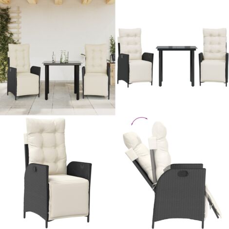Set da Pranzo da Giardino 3 pz con Cuscini Nero in Polyrattan - Sedie da giardino reclinabili - Tavolo da giardino