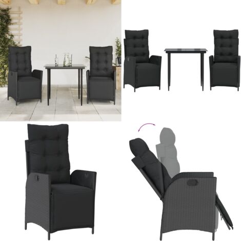Set da Pranzo da Giardino 3 pz con Cuscini Nero in Polyrattan - Sedie da giardino reclinabili - Tavolo da giardino