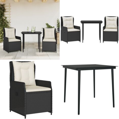 Set da Pranzo da Giardino 3 pz con Cuscini Nero in Polyrattan - Sedie da giardino reclinabili - Tavolo da giardino