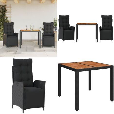 Set da Pranzo da Giardino 3 pz con Cuscini Nero in Polyrattan - Sedie da giardino reclinabili - Tavolo da giardino
