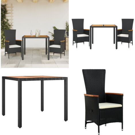Set da Pranzo da Giardino 3 pz con Cuscini Nero in Polyrattan - Sedie da giardino - Tavolo da giardino
