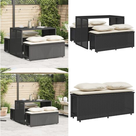 Set da Pranzo da Giardino 3 pz con Cuscini Nero in Polyrattan - Tavolo da giardino - Panca da giardino