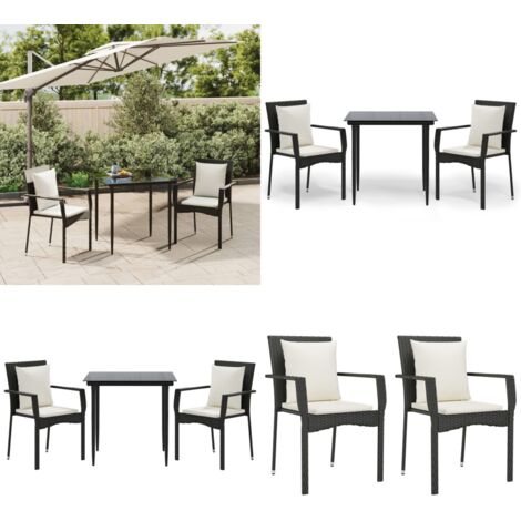 Set da Pranzo da Giardino 3 pz con Cuscini Nero in Polyrattan - Tavolo da giardino - Sedie da giardino
