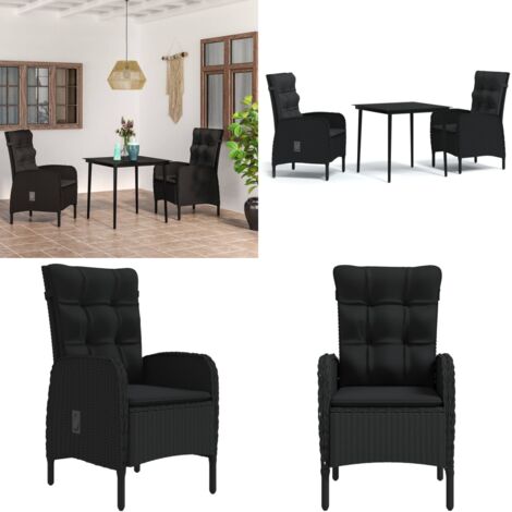 Set da Pranzo da Giardino 3 pz con Cuscini Nero - Tavolo da pranzo da esterno - Sedie da giardino