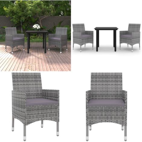 Set da Pranzo da Giardino 3 pz con Cuscini Polyrattan e Vetro - Sedie da giardino - Tavolo da giardino