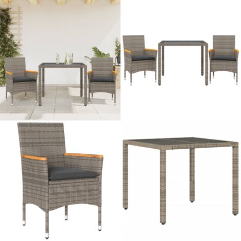 Set da Pranzo da Giardino 3pz con Cuscini in Polyrattan e Vetro - Tavolo da giardino - Sedie da giardino