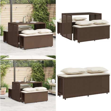 Set da Pranzo da Giardino 3pz con Cuscini in Polyrattan Marrone - Tavolo da giardino - Panca da giardino