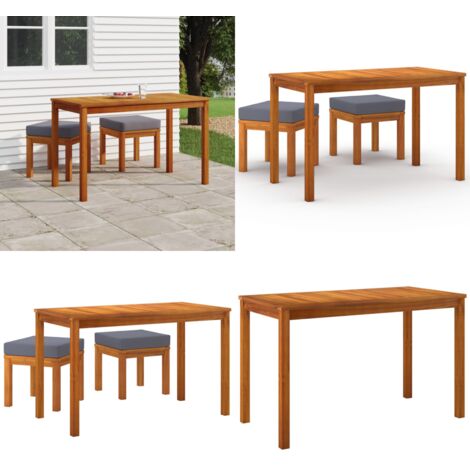 Set da Pranzo da Giardino 3pz con Cuscini Legno Massello Acacia - Tavolo da pranzo esterno - Sgabello da giardino