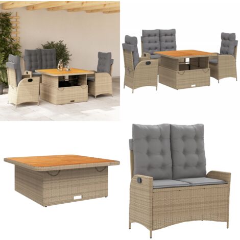 Set da Pranzo da Giardino 4 pz con Cuscini Beige in Polyrattan - Sedie da giardino reclinabili - Tavolino da giardino con piano sollevabile