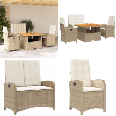 Set da Pranzo da Giardino 4 pz con Cuscini Beige in Polyrattan - Sedie da giardino reclinabili - Tavolino da giardino sollevabile