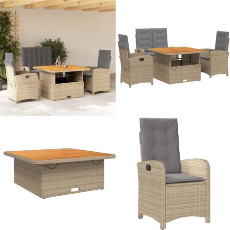 Set da Pranzo da Giardino 4 pz con Cuscini Beige in Polyrattan - Sedie da giardino reclinabili - Tavolino da giardino sollevabile