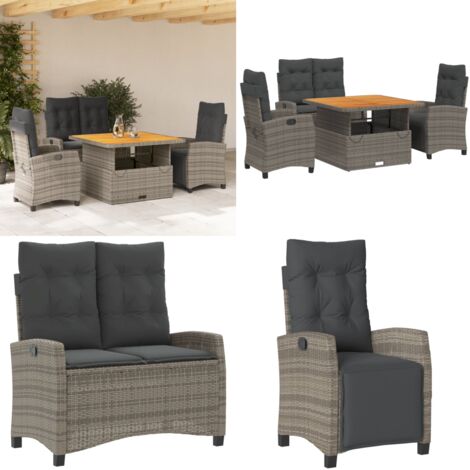 Set da Pranzo da Giardino 4 pz con Cuscini in Polyrattan Grigio - Seduta reclinabile - Tavolo da giardino sollevabile