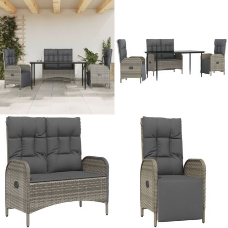 Set da Pranzo da Giardino 4 pz con Cuscini in Polyrattan Grigio - Tavolo da pranzo esterno - Sedie da giardino