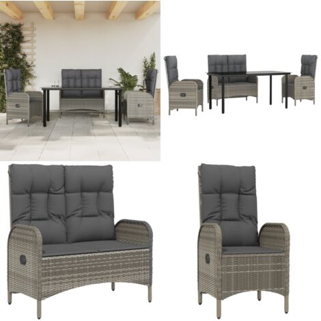 Set da Pranzo da Giardino 4 pz con Cuscini in Polyrattan Grigio - Tavolo da pranzo esterno - Sedie da giardino