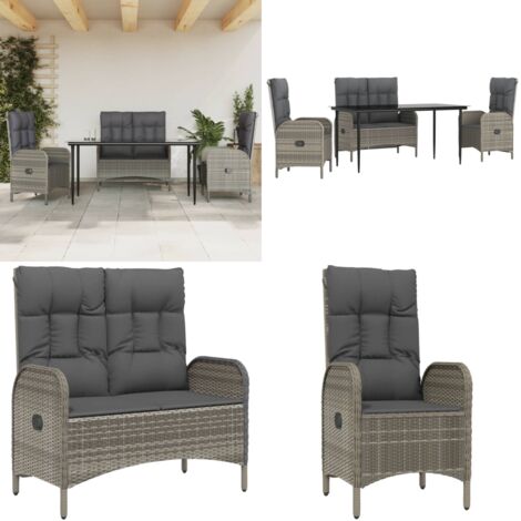 Set da Pranzo da Giardino 4 pz con Cuscini in Polyrattan Grigio - Tavolo da pranzo esterno - Sedie da giardino
