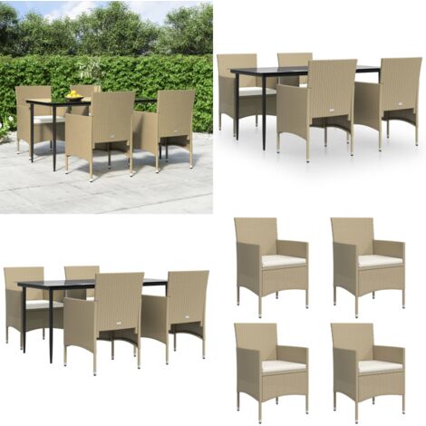 Set da Pranzo da Giardino 5 pz con Cuscini Beige e Nero - Sedie da giardino - Tavolo da pranzo da esterno