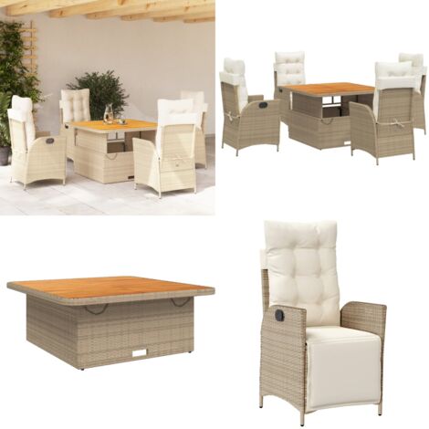 Set da Pranzo da Giardino 5 pz con Cuscini Beige in Polyrattan - Sedie da giardino reclinabili - Tavolino da giardino con piano sollevabile