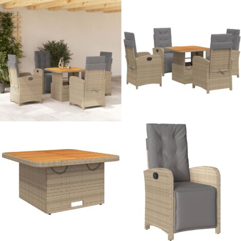 Set da Pranzo da Giardino 5 pz con Cuscini Beige in Polyrattan - Sedie da giardino reclinabili - Tavolino da giardino con piano sollevabile