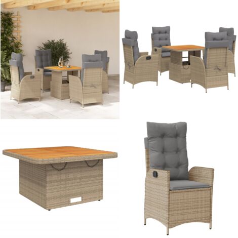 Set da Pranzo da Giardino 5 pz con Cuscini Beige in Polyrattan - Sedie da giardino reclinabili - Tavolino da giardino con piano sollevabile