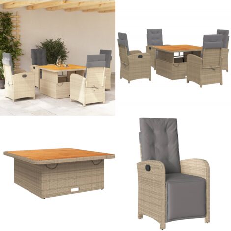 Set da Pranzo da Giardino 5 pz con Cuscini Beige in Polyrattan - Sedie da giardino reclinabili - Tavolino da giardino con piano sollevabile