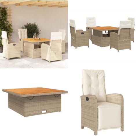 Set da Pranzo da Giardino 5 pz con Cuscini Beige in Polyrattan - Sedie da giardino reclinabili - Tavolino da giardino con piano sollevabile